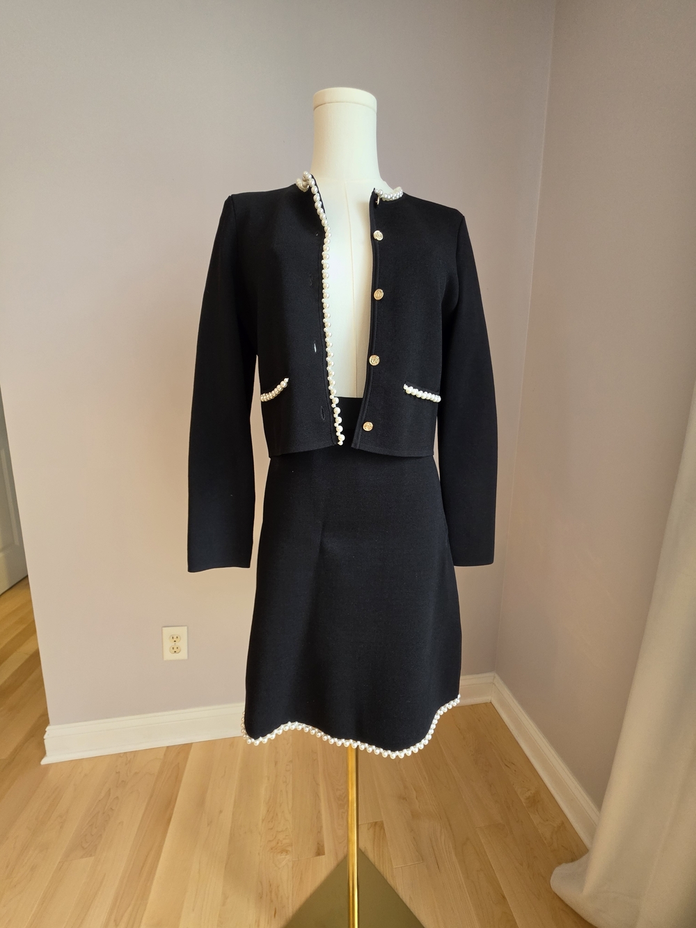 Black Pearl-Trim Cropped Jacket & Skirt Set